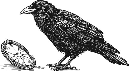 Fototapeta premium Black raven perched beside a broken antique mirror with ornate frame, detailed vintage engraving