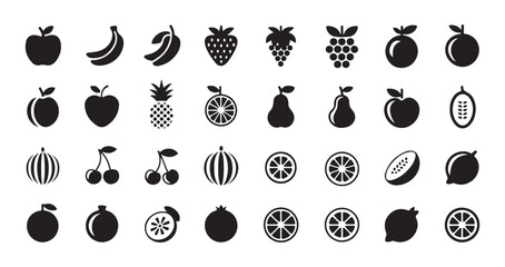 Set of black fruit icons, collection of solid filled silhouettes representing various healthy produce © Sen
