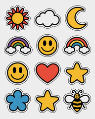 Collection of cheerful retro stickers with sun, moon, rainbow, heart