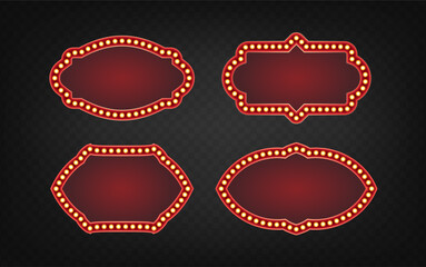 Vintage vegas casino show bulb frame, glowing retro signboard isolated on transparent background. 3D red border set with neon light elements, classic circus show or cinema design elements © klyaksun