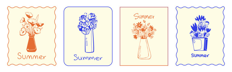 Abstract floral posters with hand drawn flowers in vase, sketch style set of vector borders. Modern minimalist vintage design for Mother's Day cards, spring greeting postcards, or retro art prints. © klyaksun
