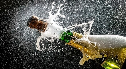 Champagne Bottle Exploding with Foam and Bubbles.