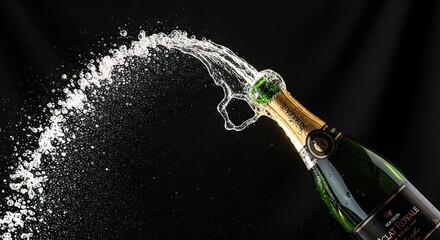 Champagne Bottle Spraying on Black Background.