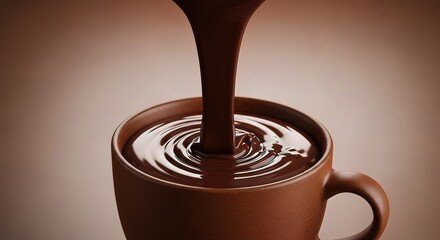 Chocolate Pouring into Brown Coffee Mug.