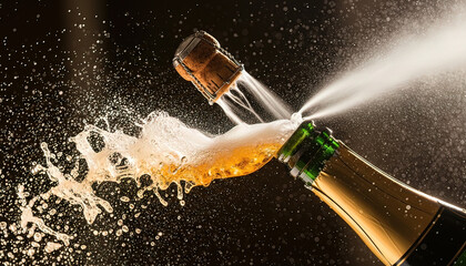 Champagne Bottle Popping with Splashing Liquid.