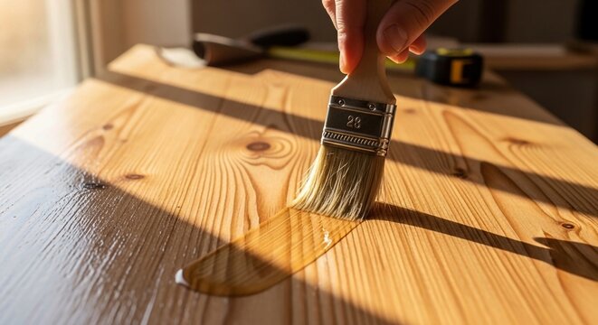 Applying clear varnish on natural wood surface with brush, showing the wood grain texture with warm lighting, Close-up of a hand using a paintbrush to apply a clear, glossy varnish or oil finish to a 
