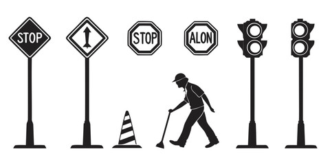 A man with a shovel stands next to a cone in front of various road signs. Vector © MST CHIN BANU BEGUM