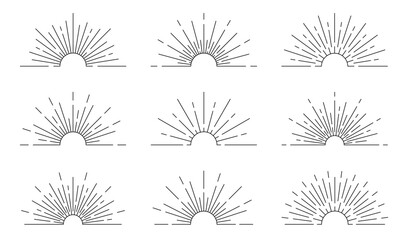 Sunburst rays set in minimalist line art style. Abstract sunrise and radiant sun beam elements with geometric lines and semi-circle shapes. Retro sun rays and sunburst design elements. Vector © Yevhenii