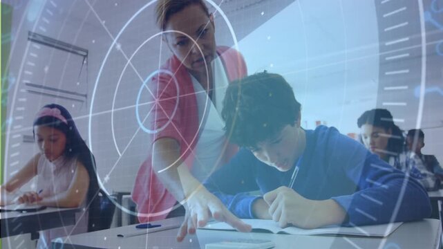Teacher walking down aisle, pointing at boy's exam paper, radar HUD scanning and guiding his pencil