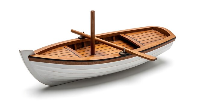Small white and brown wooden boat on white background With shadow. AI GENERATED.  