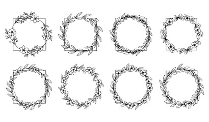 Obraz premium Minimalist Hand-Drawn Floral Wreath and Square Botanical Frame Vector Collection