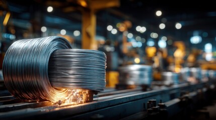 Naklejka premium Industrial manufacturing of steel wire coils on a conveyor belt with sparks flying