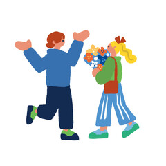 マルシェで花束を選ぶカップルと人々のにぎわう屋外マーケットのイラスト