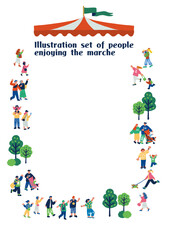 地域マルシェで買い物や食事を楽しむ人々の屋外イベントイラスト