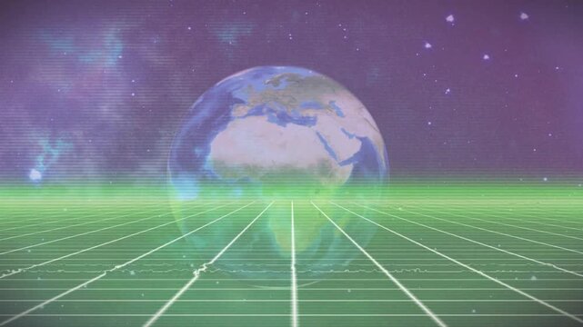 Globe becoming opaque above neon grid, animation ramping opacity and haze, evoking technology