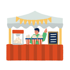 ポップコーン屋台のあるマルシェイベント風景 人々で賑わう屋外マーケットのイラスト