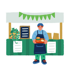 ハンバーガーを販売する屋台のあるマルシェイベント風景