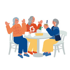 シニア女性がカフェでおしゃべりを楽しむアクティブシニアのライフスタイルイラスト