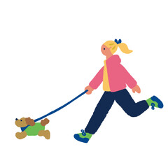 犬と散歩する女性のライフスタイルイラスト 公園でペットと過ごす休日