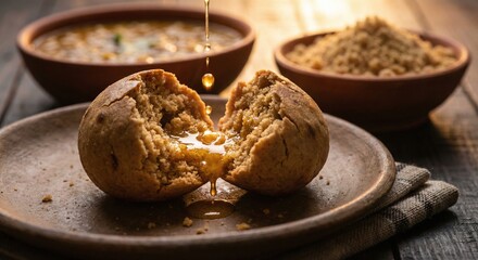 Fototapeta premium Baati churma – Traditional Rajasthani Indian recipe with wheat dumplings and sweet crumble, Indian recipe with baked wheat balls and sweet powdered mixture, Indian Cuisine, Rajasthani, Asian Food