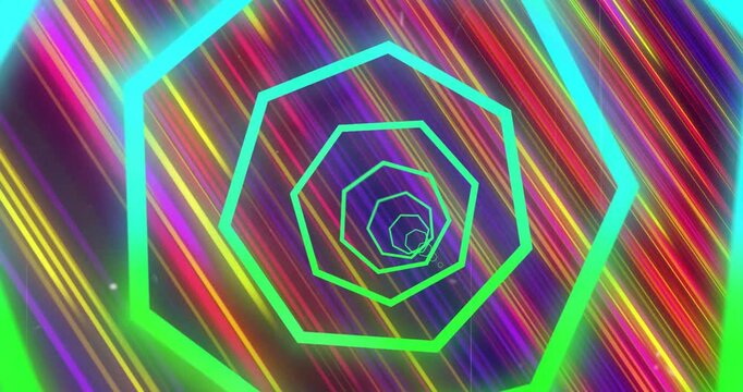 Nested neon rings receding while bright slanted streaks starting hypnotic tunnel for tech creators