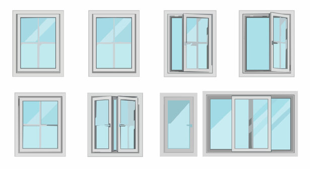 Plastic window frames vector collection with open closed and ventilation positions