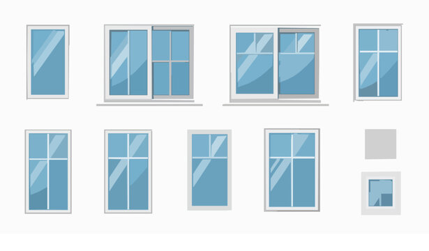 White plastic house windows vector set with various frame types front view collection