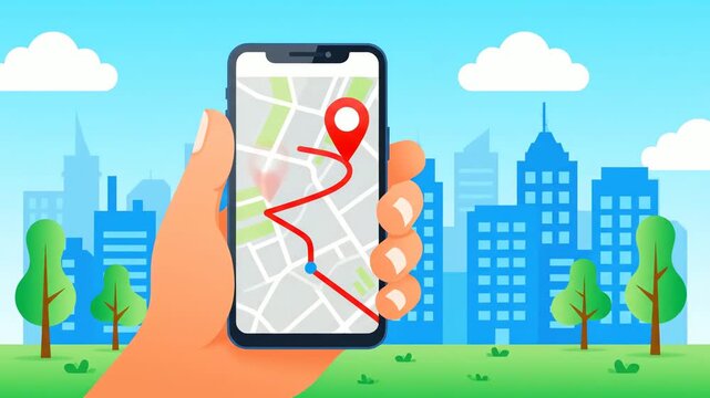 Hand Holding Smartphone Displaying Route Map with Red Pin and Winding Path against Cityscape and Blue Sky