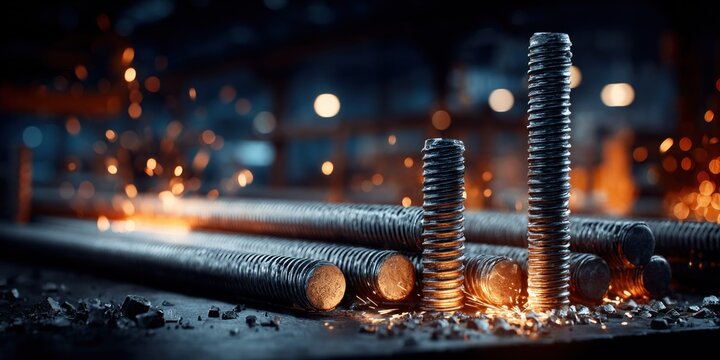Close-up of threaded metal rods with sparks flying in a dark industrial setting