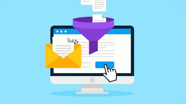 Data Filtration System Animated on Blue Background Computer Screen Funnel and Email Icon for Sorting Through Documents Clicking Hand Cursor