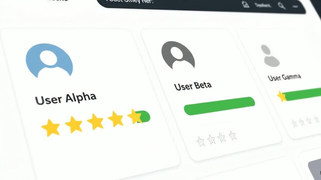 User Review Ratings Interface with Star Icons User Profile on a Clean White Background Showing Alpha Beta Gamma Users