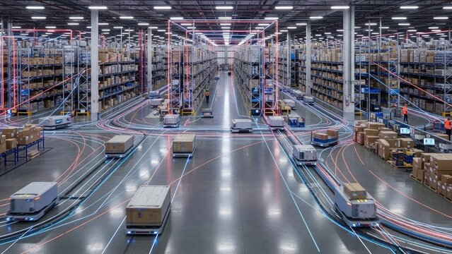A large warehouse with automated conveyor belts and robots moving boxes