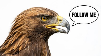 Fototapeta premium A close up of an eagles head with a speech bubble saying Follow Me
