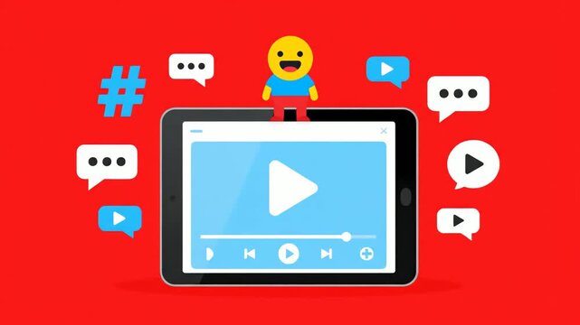 Digital Tablet with Play Icon and Pixelated Character on Bright Red Background Hashtag and Comment Bubbles