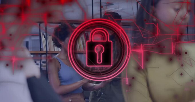 Cam sensing motion neon pink lock pulsing growing rings and grid on blurred office showing security