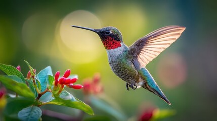 Fototapeta premium Wildlife moment: small bird in dynamic flight among blossoms in natural light