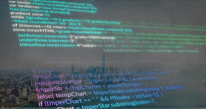 Translucent surface projecting tech code over harbor skyline, scrolling, highlighting functions