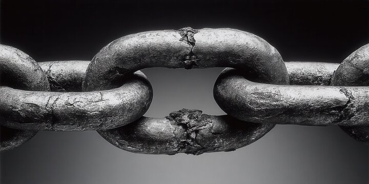 Close-up of a broken, corroded metal chain link showing signs of extreme wear and tear