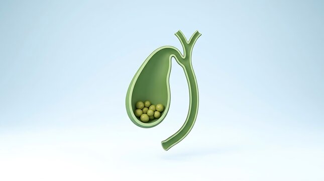 An illustration of a gallbladder with stones inside, depicted in green against a blue background.