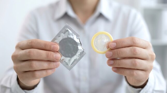 A person holding a condom and its packaging in their hands for safe sex practices.