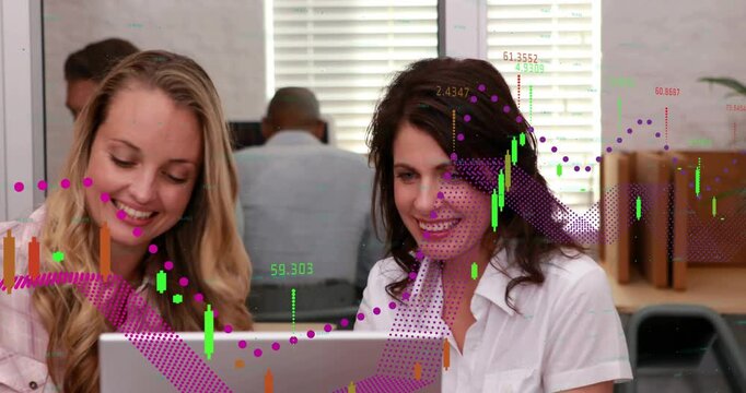 Two women reviewing laptop, leaning, laptop starting dotted charts, data covering faces for finance