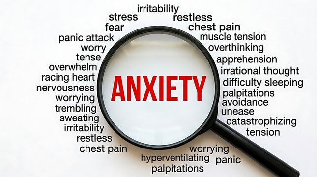 A magnifying glass focusing on the word anxiety surrounded by related symptoms and feelings.