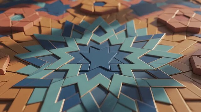 Intricate Geometric Star Pattern with Blue Teal Orange and Gold Tiles in Close Up Macro Shot with Soft Lighting