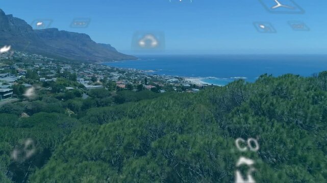 Drone moving forward and downward over coastline, initiating icons showing energy data: wind, CO