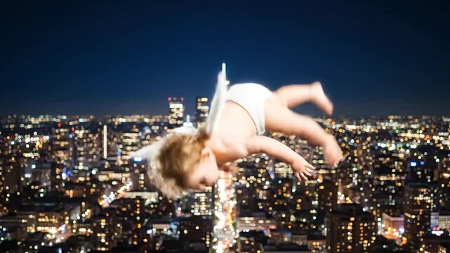 Laughing Baby Angel Flying Over City Night.
