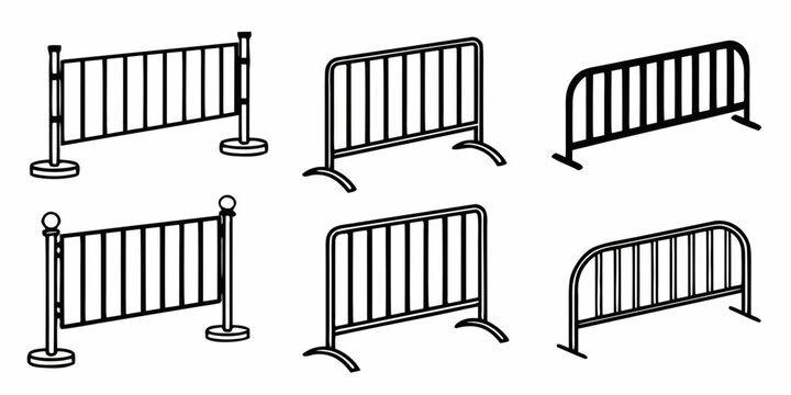 Six different types of metal barriers or fences in a row. Vector