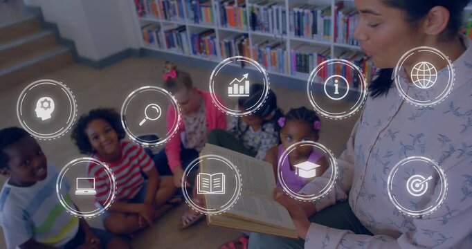 Adult woman opening book and reading aloud, children leaning, icons fading in to show learning