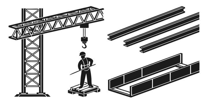 Construction worker standing in front of a crane and steel beams Vector