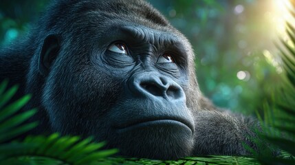 Obraz premium A contemplative silverback gorilla gazing upward amidst lush jungle foliage, portrait of the majestic ape, showcasing its intense gaze and thoughtful expression.