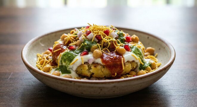 Aloo tikki chaat &ndash; Popular Indian street food snack served on plate, Crispy potato patties with yogurt, Indian Snacks, Asian Food